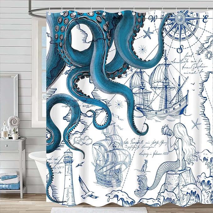 Fungarth Blue Nautical Octopus Shower Curtain Navy Mermaid Funny Ocean Kraken Shower Curtains for Bathroom Cool Anchor Coastal Map Waterproof Fabric Bath Curtain Decor with Hooks (Blue, 72” x 72”)