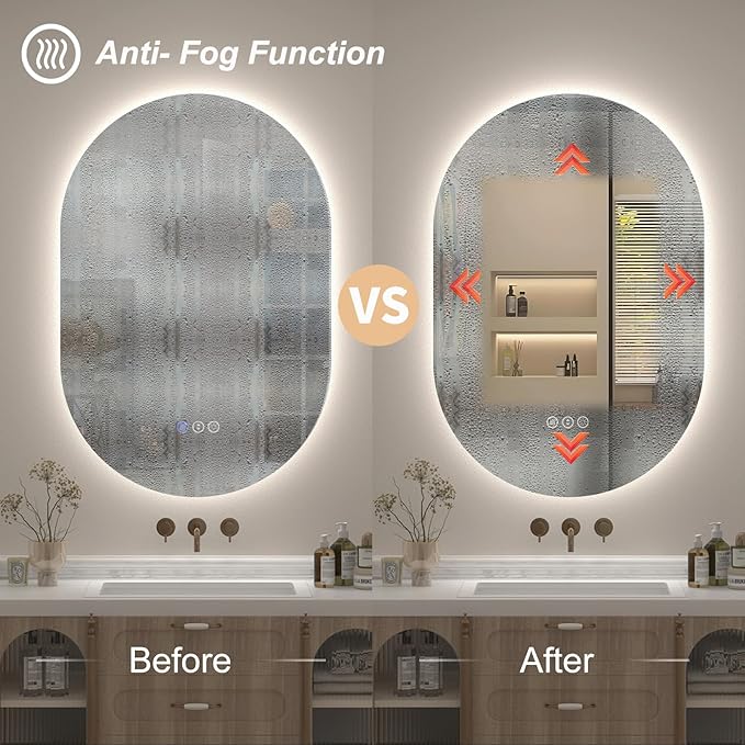SMIROR 20x32 Oval Backlit LED Bathroom Vanity Mirror with Lights for Wall | Pill-Shaped, 3 Color Lighting, Anti-Fog, Memory, Tempered Glass, UL, Horizontal/ Vertical Wall- Mounted