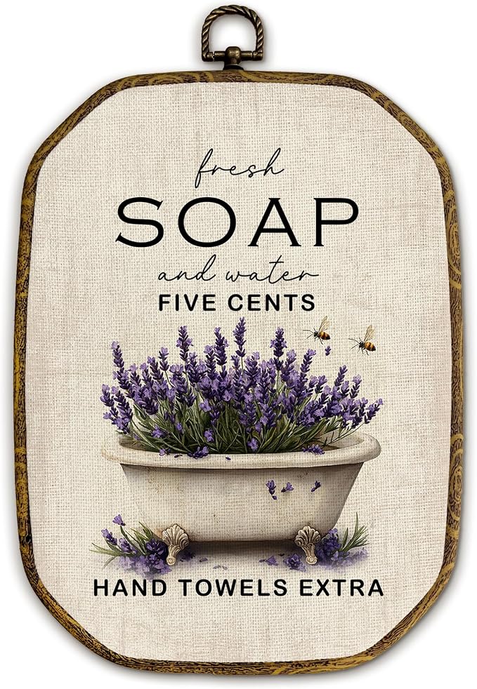 Yjeslw Vintage Lavender Bathroom Octagon Wall Art Decor, Rustic Farmhouse Framed Canvas Prints, Cottagecore Neutral Flower Bathtub Wall Hanging Decorations for Bathroom Washroom Decor, 10.2x7 In
