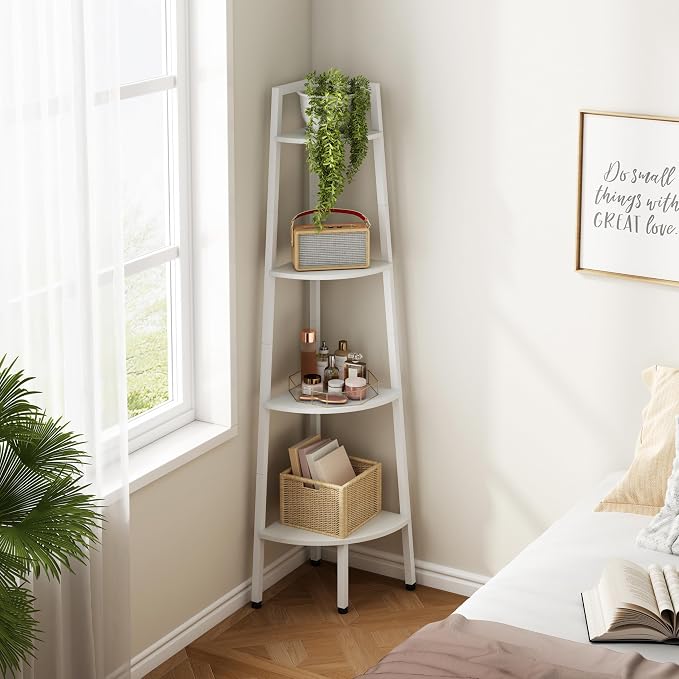 Hoctieon Corner Shelf, 4-Tier Corner Bookshelf, Rustic Corner Ladder Shelf, Industrial Display Shelf for Living Room, Kitchen, Home Office, Balcony, Small Space, Metal Frame, White
