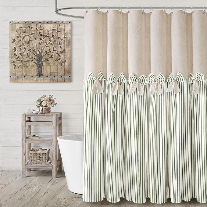 Farmhouse Shower Curtain Linen Bow Pleated Green Stripe 72"W x 72"L | Farmhouse Style, Chic Bow, Striped, Linen Fabric, Rustic, Country, Natural Look, Washable, for Bathroom Bathtub