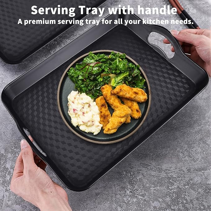 Plastic Tray with Handles, 2 Pack Multi-Purpose Rectangular Non Slip Restaurant Serving Trays Set for Parties, Coffee Table, Kitchen (12.2x16 inch) | Non-Slip Surface, Raised Edges, Lightweight Build, Easy Carrying, Restaurant, Coffee Table and Party Use