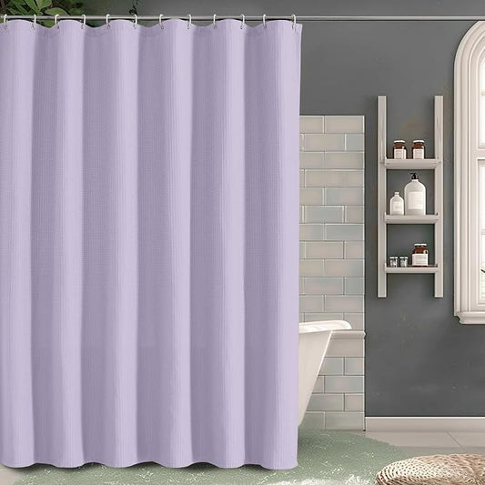 Extra Long Shower Curtain Set- 96 Inch Long Waffle Weave Heavy Duty Fabric Shower Curtains for Bathroom, Luxury Heavy Duty Thick Cloth Shower Curtain with 12 Plastic Hooks, 72Wx96L, Lavender