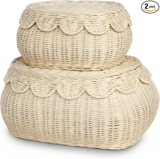 BEBE BASK The Original Scalloped Basket with Lid - Set of 2 (15x11x6 In) | Handwoven & Award Winner, Sustainable Rattan, Wicker Basket With Scalloped Edge Lid, Nursery Storage, Scallop Basket, Natural