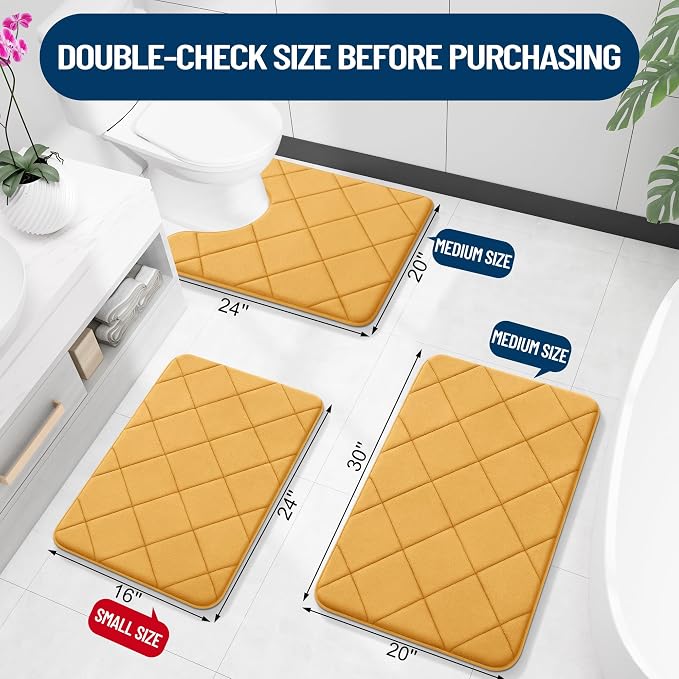 OLANLY Memory Foam Toilet Rugs U-Shaped 24x20, Ultra Soft and Absorbent | Yellow, Quick Dry Commode Contour Rugs, Machine Washable, Comfortable Bathroom Contour Bath Mats for Toilet Base