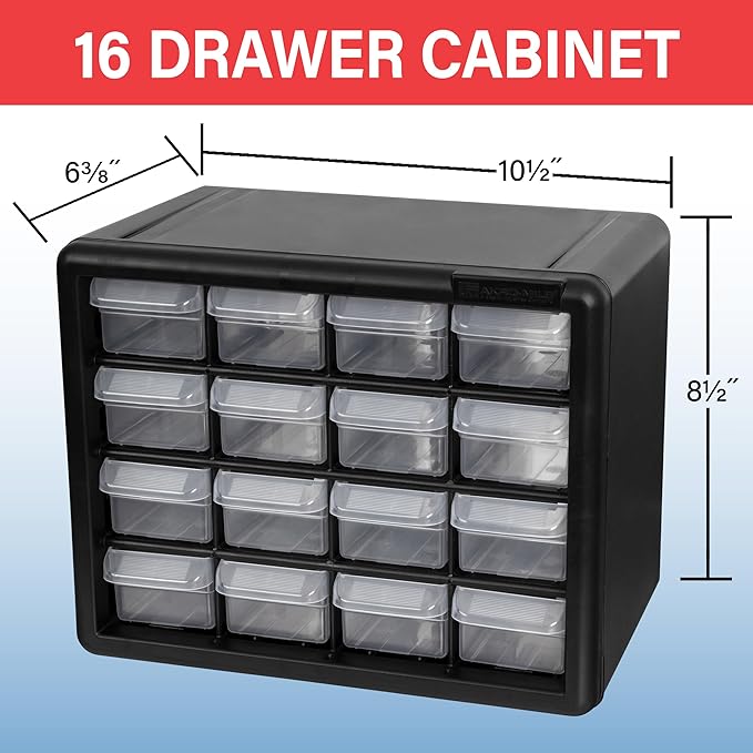 Akro-Mils 16-Drawer Plastic Storage Cabinet, 10.5"W x 6.5"D x 8.5"H, Black | Plastic Cabinet w/ Drawers for Garage Organization, Beads, Makeup Organizer, Building Bricks Storage, Teacher Toolbox, 10116