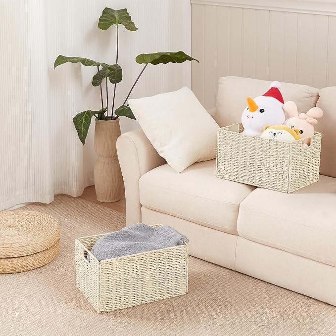 Wicker Storage Basket, Set of 2 Hand-Woven Paper Rope Wicker Basket, Small Storage Baskets for Organizing Toilet Paper Basket, Foldable Large Cube Storage Organizer Bins for Shelves (Beige)