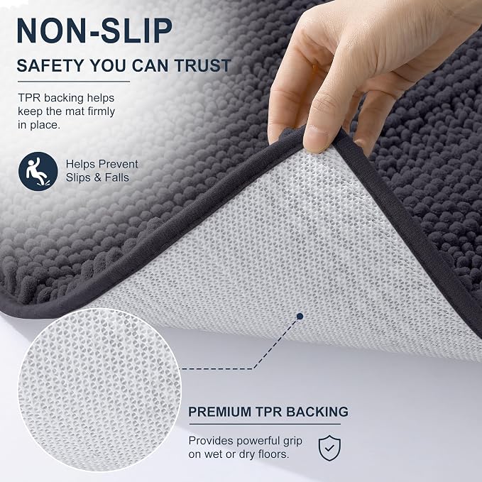 Smiry Thick Chenille Large Bathroom Runner Rugs 47x32, Bath Mat, Dark Grey | Quick‑Dry & Machine Washable, Non‑Slip Bath Carpet, Soft Striped Bath Rugs for Tub & Shower, Modern Home Decor Accessories