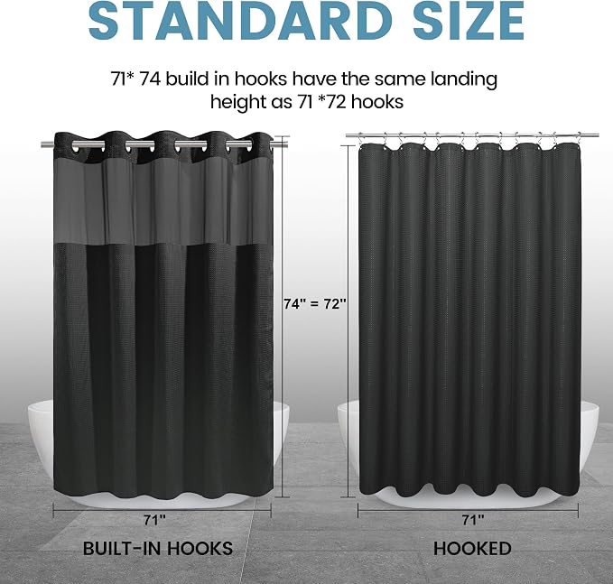 EUTXL 256GSM No Hook Waffle Weave Shower Curtain with Liner, 71x74, Black | Snap in Liner, Extra Thick, Heavy Drape, 3 in 1 Hotel Style Bath Curtain Set, Quick Dry, with Magnets, Waterproof & Washable