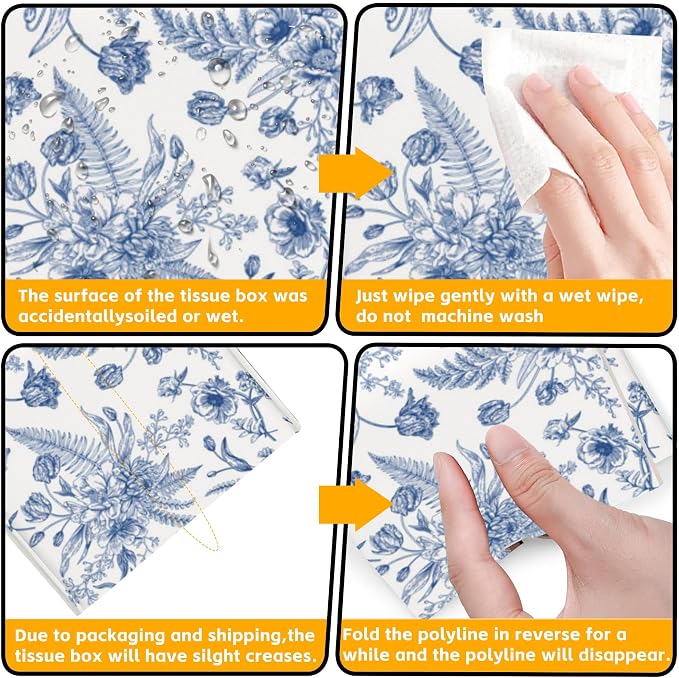 Blue Flowers Tissue Box Cover Square,Tissue Box Holder with Belt Bottom,Stylish Leather Napkin Holder for Vanity Countertop,Nightstands,Office Desk,5.2"×5.2"×5.2"