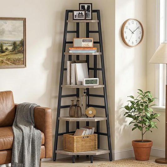 70.1-Inch 5-Tier Tall Corner Shelf, Narrow Bookshelf for Small Spaces, Industrial Bookcase Display Stand for Living Room, Bedroom, Office, Greige TCJ25BG