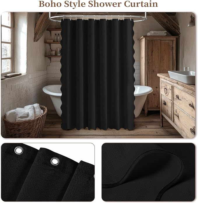 Boho Scalloped Linen Textured Cloth Shower Curtain Set, 72x84, Black | Tall Size, 230GSM Waterproof Polyester, Heavy Duty Fabric, 12 Plastic Hooks, Elegant Modern Farmhouse Style, Machine Washable