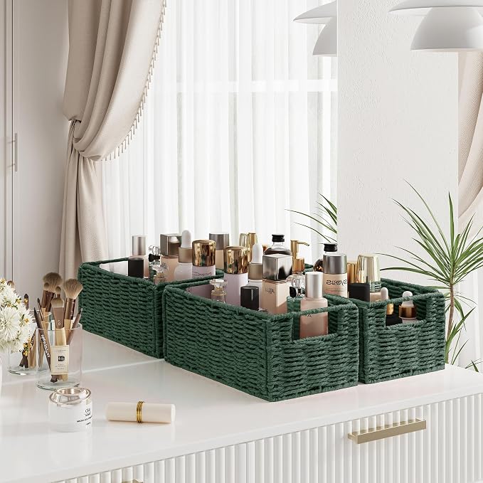 Wicker Storage Basket, Set of 2 Hand-Woven Paper Rope Wicker Basket, Small Storage Baskets for Organizing Toilet Paper, Foldable Small Cube Organizer Bins for Shelves and Bathroom (Green)