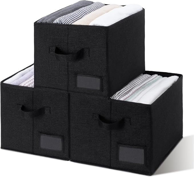 GRANNY SAYS Closet Storage Bins with Label, Black, Large, 3-Pack | Storage for Closet Shelves, Fabric Storage Bins for Clothes, Closet Organization Bins, Collapsible Storage Bins with Handles