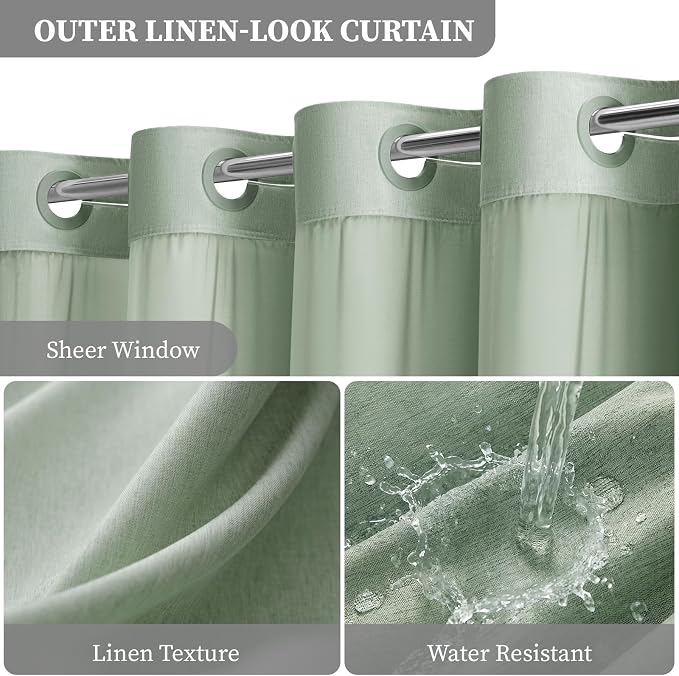 Sage Green Ringless Linen Look Shower Curtain with Snap in Liner 72x75 | 3 in 1 Hotel Shower Curtain Set, Removable Liner, Waterproof & Washable, Mesh Top Window, Durable Fabric, Easy to Install