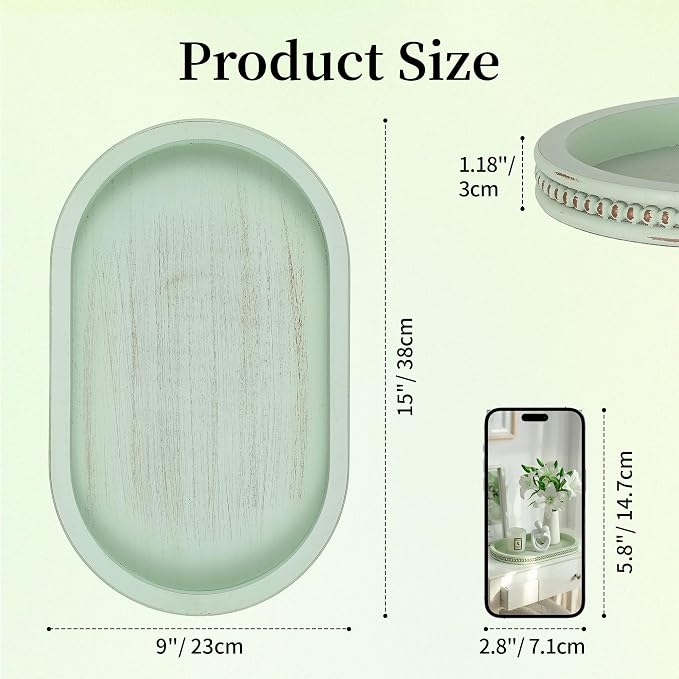 Hanobe 15" Sage Green Decorative Trays for Coffee Table Decor, Beaded Edge | Wood Oval Farmhouse Table Centerpiece for Candle Plate, Kitchen Dining Living Room