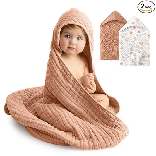 Baby Bath Towels, 100% Muslin Cotton Hooded Baby Towels for Newborn, 2 Pack Baby Towels with Hood for Infant Toddler and Kids, Large 32x32Inch Bath Essentials, Soft and Absorbent Orange Rainbow