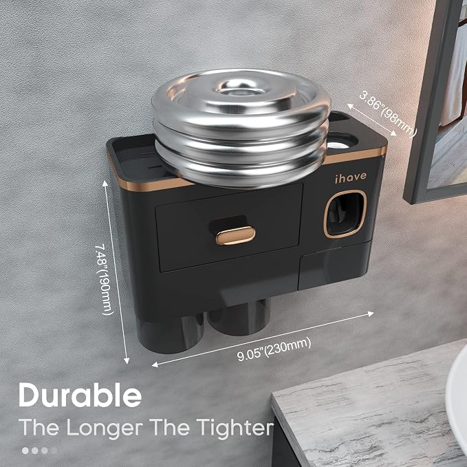 iHave Toothbrush Holders Bathrooms Wall Mount Toothpaste Dispenser & 2 Cups | Luxury White & Gold Bathroom Decor:2 Cups, 6 Slots, Toothpaste Dispenser, Large Tray & Drawer Wall Mount Toothbrush Organizer