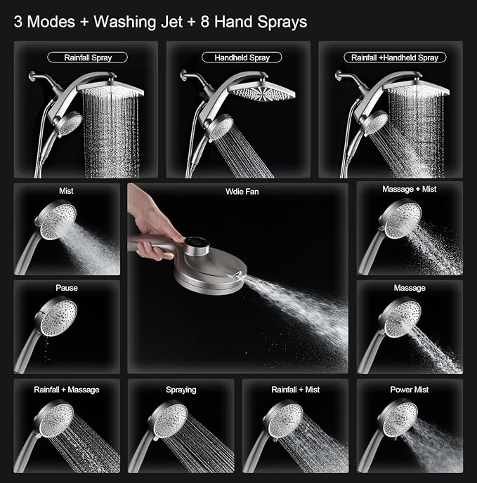 12" High Pressue Rain Shower Head with Handheld, 9 Sprays Hand Showerhead | Shower Heads with Handheld Spray Combo, Dual Head, Built-in Magnetic Docking, Power Jets, 59" Shower Hose, Nickel 1.75GPM