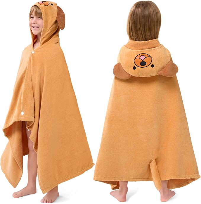 Joiedomi Hooded Towel for Kids Soft 100% Cotton Bath Beach Towel 30" x 50" for Kids 3-8 Years Toddler Pool Poncho with Hood Absorbent Swim Wrap for Boys Girls Brown Dog