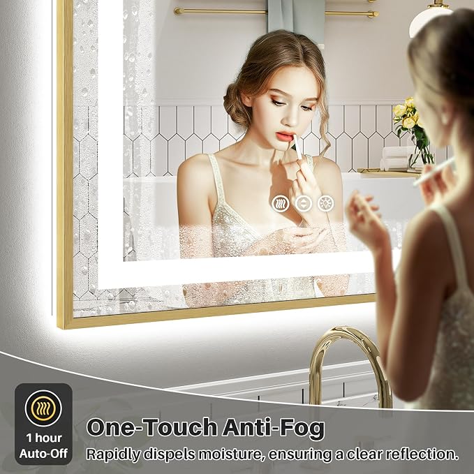 96X36 Inch LED Bathroom Mirror with Gold Frame, Backlit & Front Lit | Anti-fog, 3 Color Dimmable, Memory Function, HD Reflection Tempered Glass, ETL Listed, IP54 Waterproof