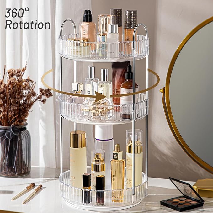 Aveniee Rotating Makeup Organizer for Vanity, 3 Tier Perfume Skincare Organizers and Storage for Bathroom Countertop, Clear Spinning Counter Cosmetic Holder for Dresser,Grey