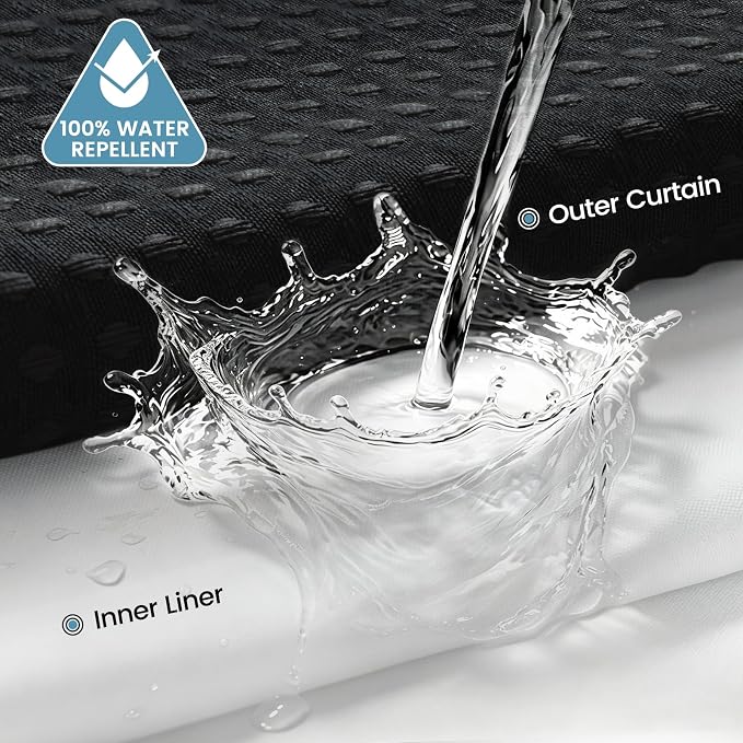 EUTXL Heavyweight No Hook Shower Curtain with Liner, Black,71x77 | Snap in Liner, 256GSM Thick Waffle Fabric, Hotel Luxury Spa, Corner Magnets, Quick Dry, Waterproof & Washable, Long Size