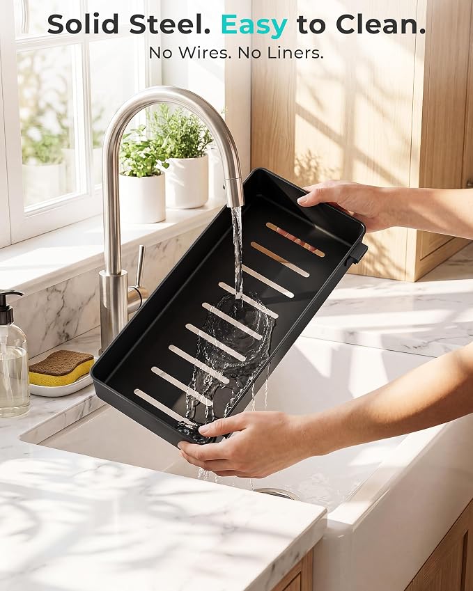 EVERIE Height Adjustable 2 Tier Metal Pull Out Slide Shelf Organizer for Under Sink Cabinets in Kitchen, Bathroom, with Snap-on Top Tray, 16" Deep (Black, 2 Sets) | Pull Out