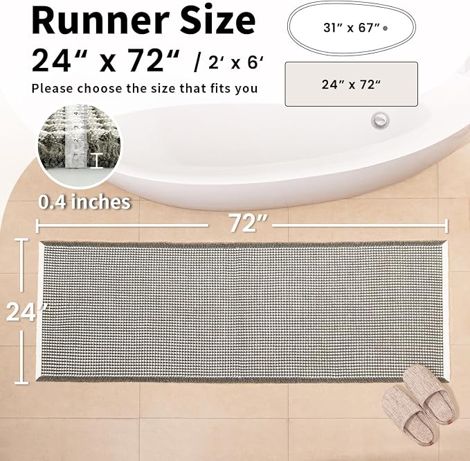 Long Bath Mat, Waffle Bathroom Runner Rug Non Slip Washable, 24 x 72 | Super Absorbent, Quick Dry Bath Runner, Soft Waffle Weave, Boho Farmhouse Bathroom Decor in Olive Green and White