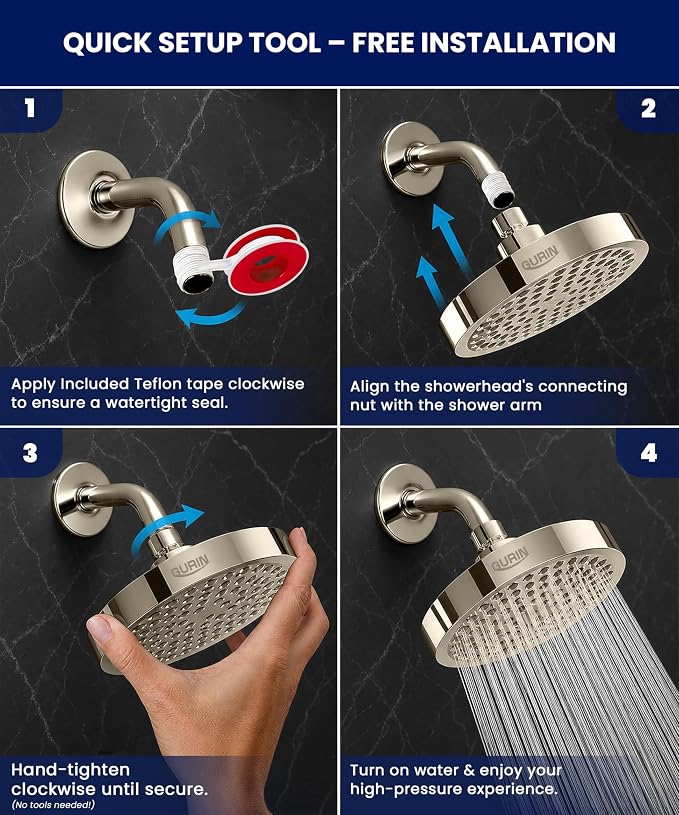 Shower Head - Luxury Brushed Nickel Finish - Rain Showerhead 6 Inch | High Pressure Shower Heads with Adjustable Angles, 90 Anti-Clog Nozzles, Tool-Free 1-Min Install