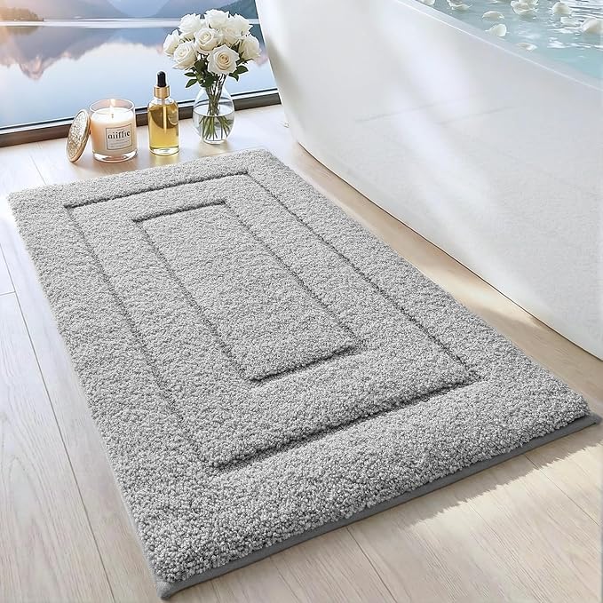 DEXI Bathroom Rugs 36x24, Non-Slip and Absorbent Bath Mat, Light Grey | Machine Washable, Soft Plush Microfiber Bathmat with Rubber Back, Quick Dry Rug for Shower, Tub, Sink