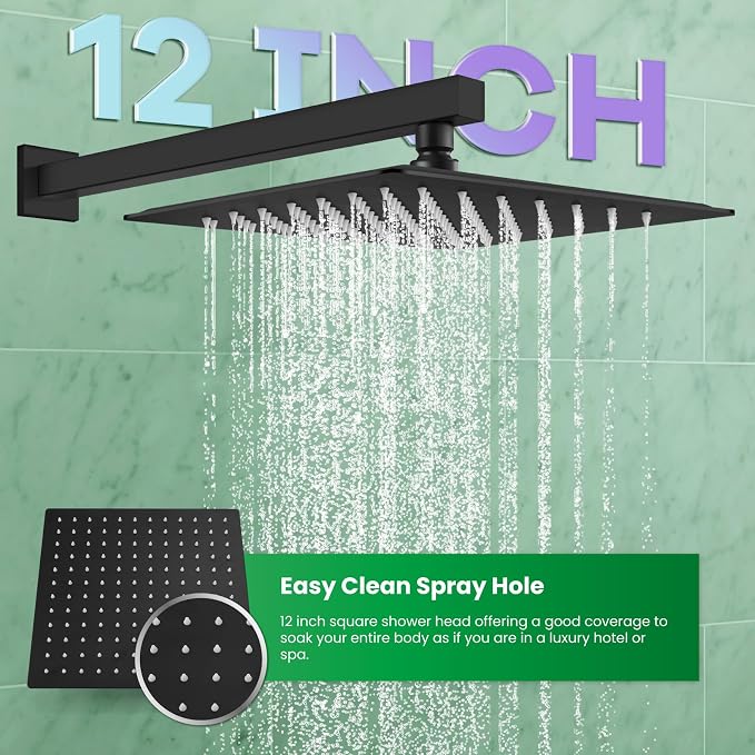 gotonovo Shower Faucet Set with Handheld Spray Matte Black,12'' Head | SUS304 Rainfall Shower Head and Handle Set System Fixture,Pressure Balance Valve Trim Kit,Single Handle,Wall Mount,All Metal