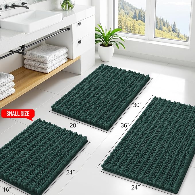 Smiry Bathroom Rugs 36X24, Extra Soft Rubber Backing Chenille Bath Mats | Green Machine Washable Non Slip Quick Dry Bath Mats for Bathroom Floor, Tub, Shower, Home Decor Accessories