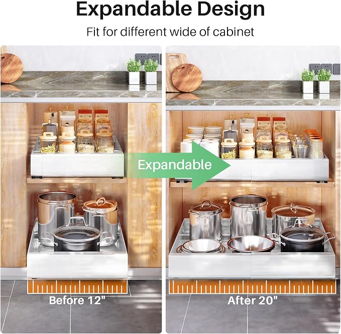 Pull out Cabinet Organizer, 6-pack, Expandable(12"-20") Heavy Duty Slide out Drawers Fixed with Adhesive Nano Film for Pots, Roll out Shelf Storage for Kitchen Base Cabinet Organization(3 Rails)