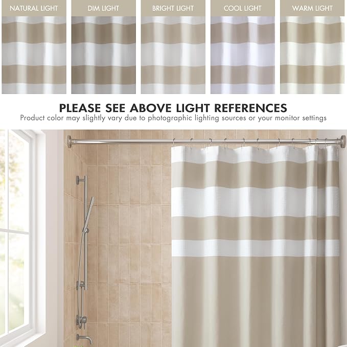 Madison Park Spa Waffle Weave Extra Long Shower Curtain, 72 x 84, Taupe | Striped, Pieced Fabric Design, 3M Scotchgard Moisture Management, Hotel Quality, Modern, for Bathroom, OEKO-TEX Certified