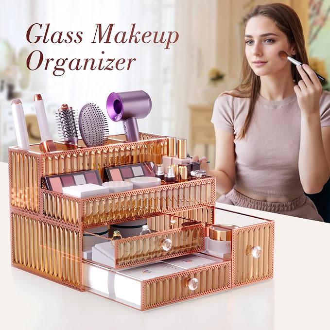 Youdepot Golden Tempered Glass Vanity Organizer for Cosmetics | Makeup Organizer, Skincare, Hair Tools, Brushes, Perfume, Multipurpose Bathroom Counter Skincare Organizer