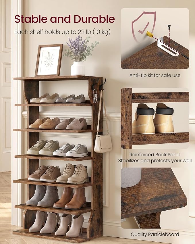 VASAGLE 7-Tier Vertical Shoe Rack, Narrow Shoe Storage Organizer with Hooks | Slim Corner Tower Shelf, Space Saving for Entryway and Bedroom, Rustic Brown, ISLAND Collection ULBS220KD01
