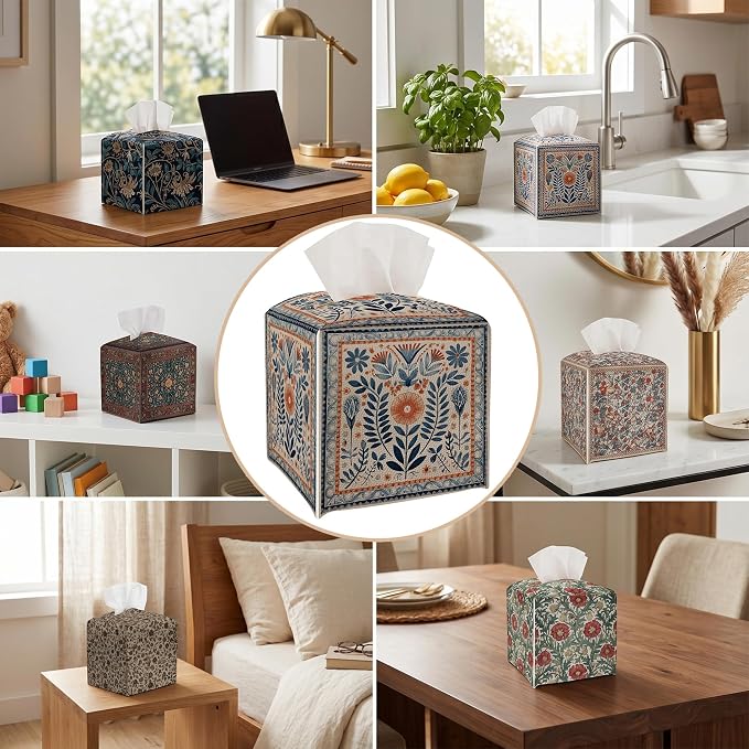 Tissue Box Cover Holder Square - Vintage Boho PU Leather Decorative Organizer, Ethnic Carpet Pattern Design Inspired, with Bottom Belt for Bathroom Car Office Tabletop Home, 5x5 Inch (Blue&Orange)