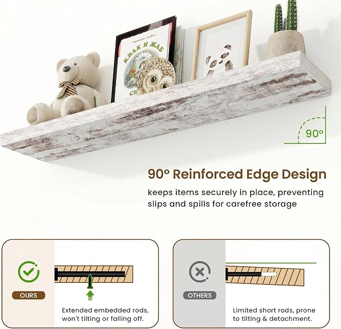 9.25in Depth 48in Floating Shelves, 48x9.25x1.4, Vintage White, Set of 2 | Long Wall Mounted Engineered Wood Shelves with Invisible Brackets for Living Room, Bedroom, Bathroom, Kitchen