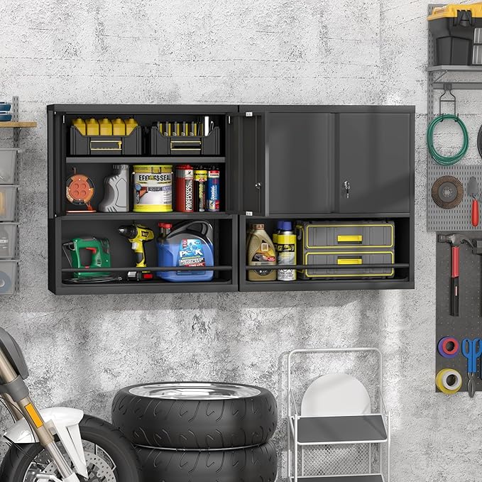 GREATMEET Locking Metal Garage Wall Cabinet with Doors and Shelf | 31" H Wall Mount Storage Cabinet, Steel Floating Hanging Utility Tool Cabinet for Garage System, Shop, Warehouse, Black