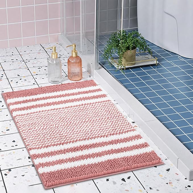 Bathroom Rugs, 30x20 Inch Extra Soft Absorbent Shaggy Chenille Bath Rugs, Non Slip Backing Quick Dry Machine Washable Modern Bath Mat for Bathroom Floor, Home Decor Accessories,Dusty Pink