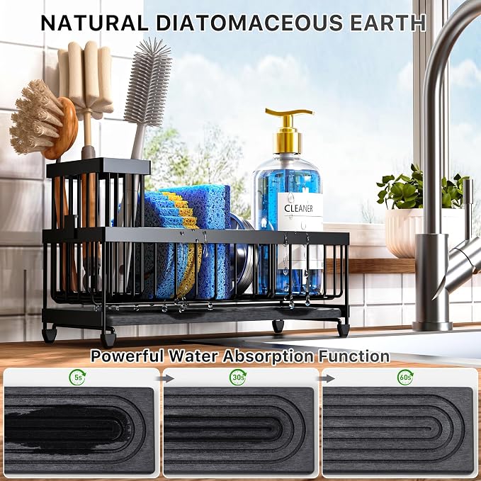 Cisily Sponge Holder for Kitchen Sink, Sink Caddy Organizer with High Brush Holder, Kitchen Countertop Organizers and Storage Essentials (Black Shelf with Stone Tray, Small)