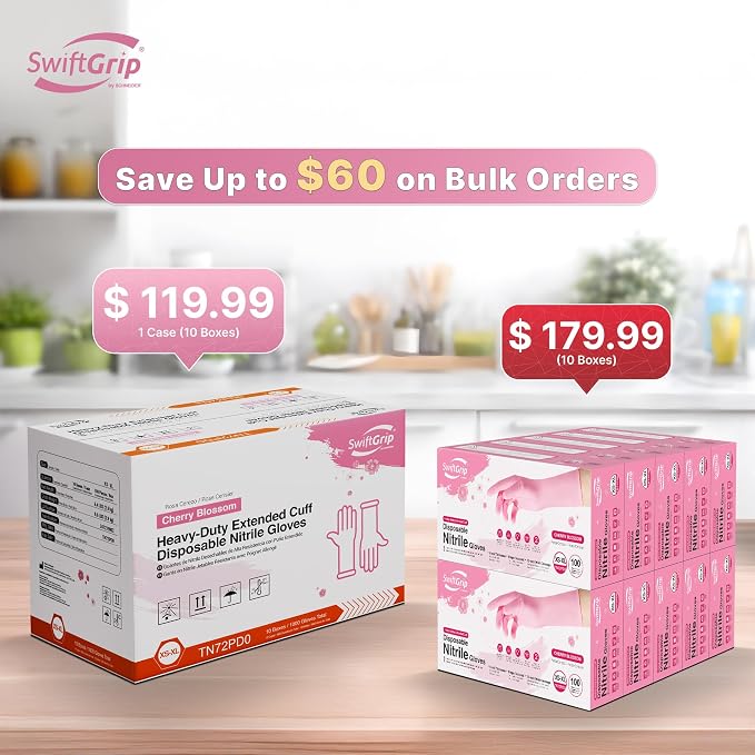SwiftGrip Disposable Nitrile Dishwashing Gloves, Extended 12 Inches Cuff, 6-mil, Cherry Blossom Cleaning Gloves, Latex-Free