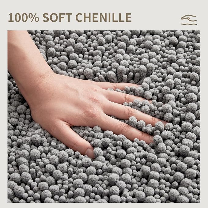 Bathroom Rugs Non Slip Washable 44x24, Extra Thick Soft Chenille Absorbent Bath Mat, High Density Barrier Non Slip Backing, Quick Dry Plush Shaggy Floor Carpet for Tub&Shower, Grey