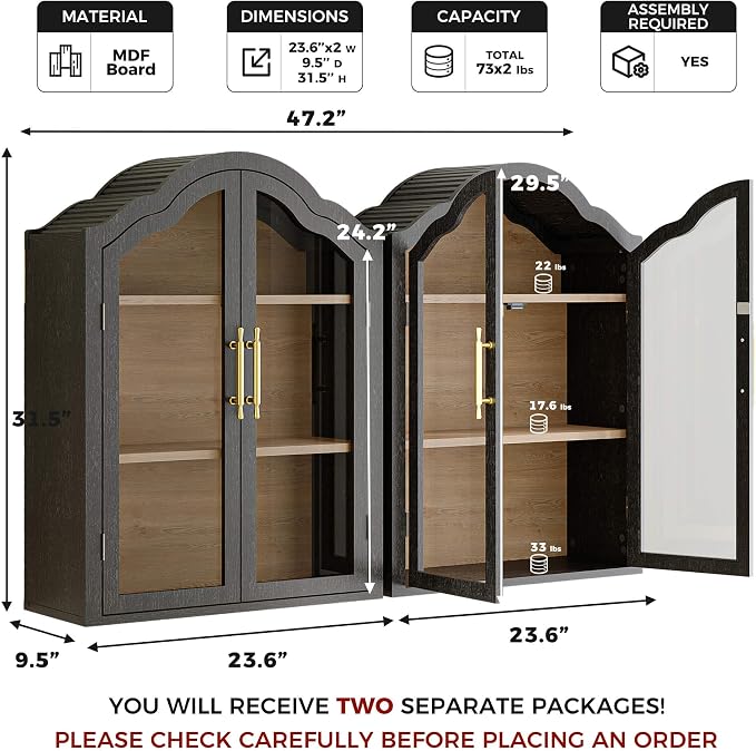 FIMELLO 47.2’’W Wave Design Arched Wall Cabinet, Bathroom Cabinet with Glass Doors Adjustable Shelf, Above Toilet Cabinet, Kitchen Wall Cabinet, Wall Bookshelf, Black Grain