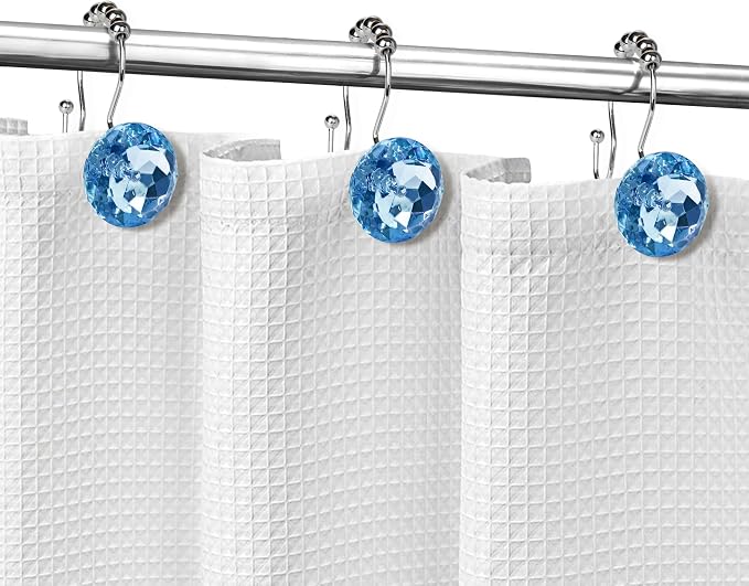 Sunlit Luxury Design Round Blue Diamond Crystal Gem Bling with Glide Balls Double Shower Curtain Hooks, Rust Proof Metal Rhinestones Glam Shower Curtain Rings-12 Pack
