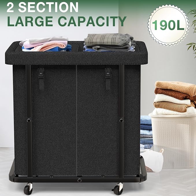 Laundry Basket with Lid,190L Rolling Laundry Hamper with Wheels,Black | Dirty Clothes Hamper with Metal Frame and Removable Bag Design,Suitable for Laundry Room, Bedroom(2 Section)
