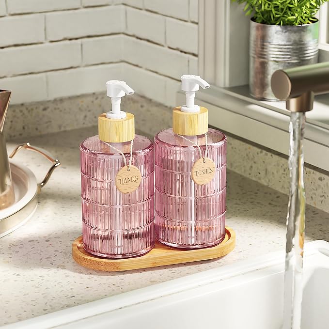 MASADI Soap Dispenser Set with Bamboo Tray, Dish and Hand Soap Lotion Dispenser Set with Wooden Pump for Kitchen and Bathroom Decor for Counter, Modern Vintage Liquid Soap Dispensers (Pink&Bamboo)