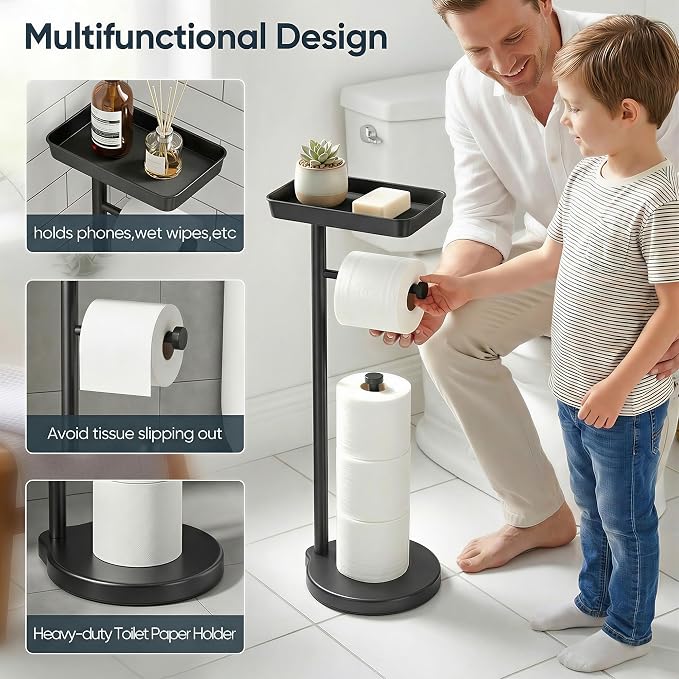 theaoo Toilet Paper Holder Stand with Shelf, Flushable Wipes Dispenser, Free Standing Toilet Tissue Roll Storage Rack Organizer for Bathroom (Black, Free Standing - with Storage)