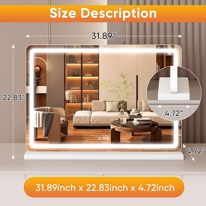 Sweetcrispy 22"x32" LED Vanity Mirror with Lights, Extra-Large | Lighted Makeup Mirror with Smart Memory, Dimmable 3 Color Modes for Bedroom & Dressing Table, USB Charging